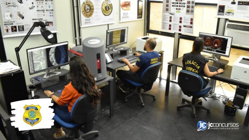 Concurso da Polícia Científica de Pernambuco: agentes em laboratório da corporação
